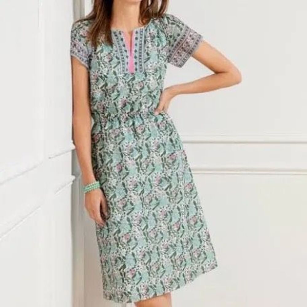 Talbots Sz 10 Short Sleeve Fit & Flare Cotton Dress Green Floral Preppy Coastal